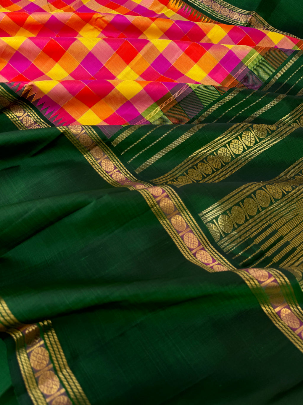 Vintage Ragas on Korvai Kanchivaram - vibrant yellow pink red chex with bottle green broad woven borders