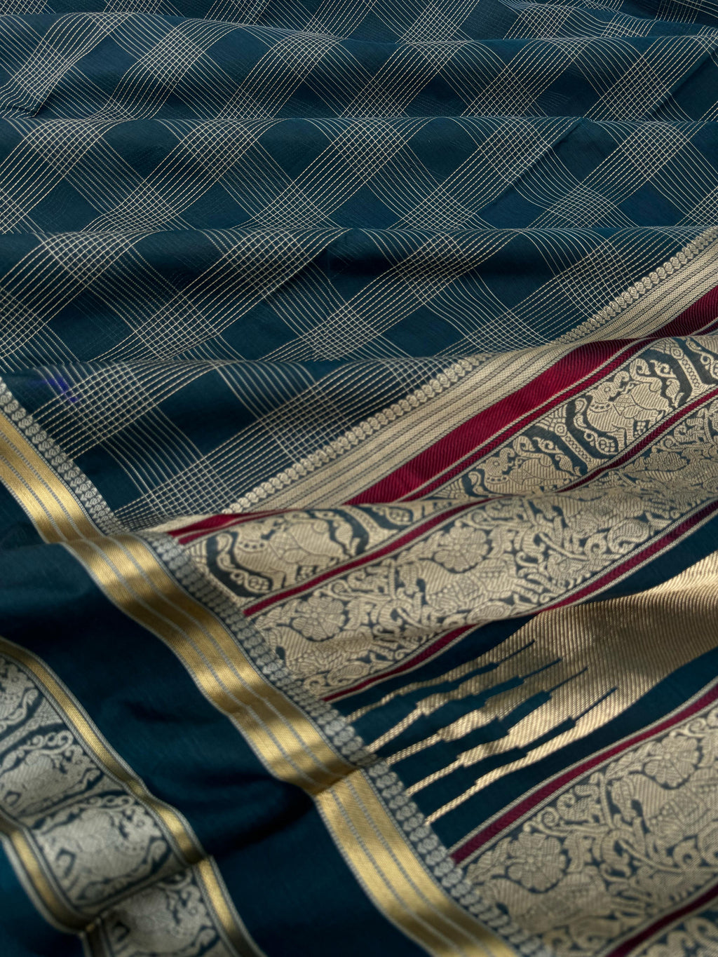 Zari Kissed Silk Cotton - grey with a tinch of burnt blue kattam