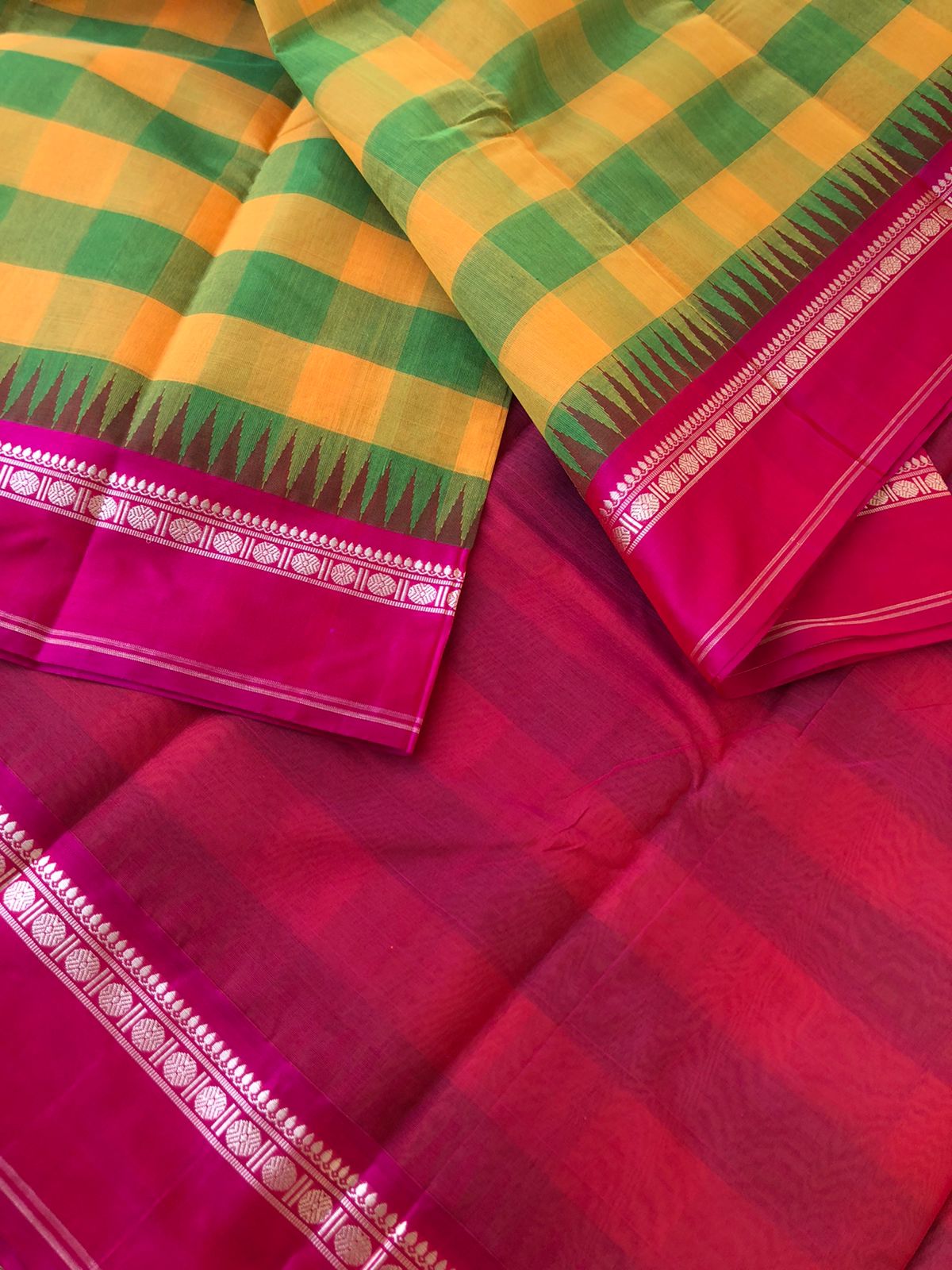 Mira - Our Exclusive Cotton body with Pure Silk Korvai Borders - most traditional mustard and green kandangi chex woven body with Indian pink borders pallu and blouse