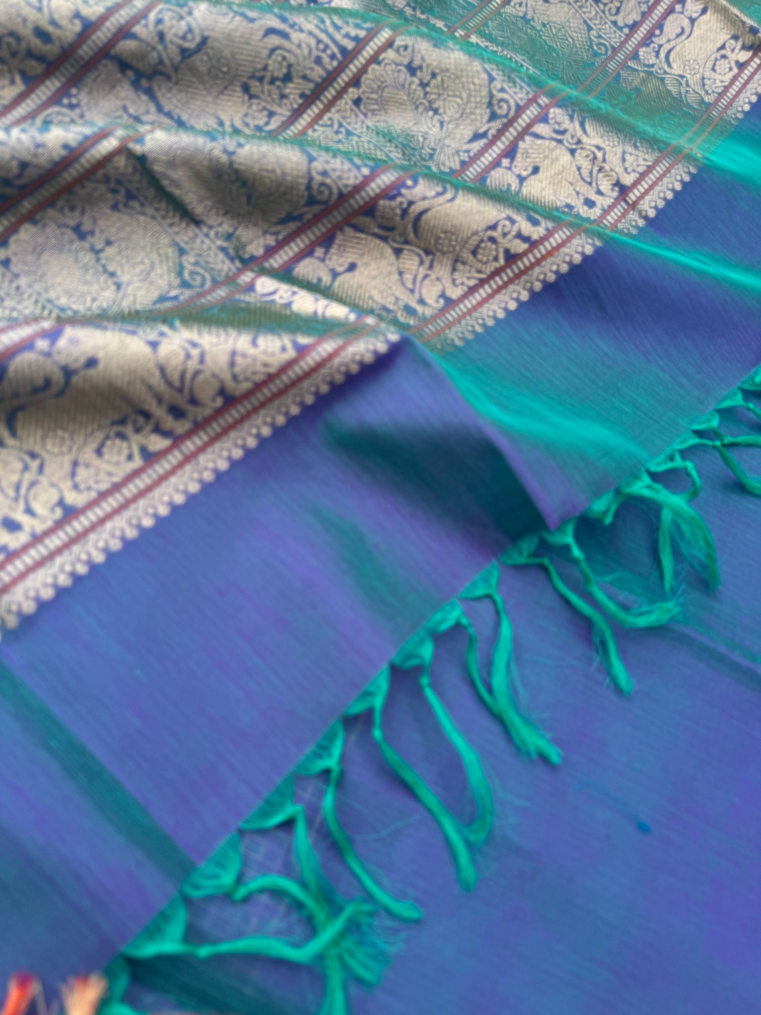 Zari Kissed Silk Cotton - dual tone teal and blue vairaoosi kattam