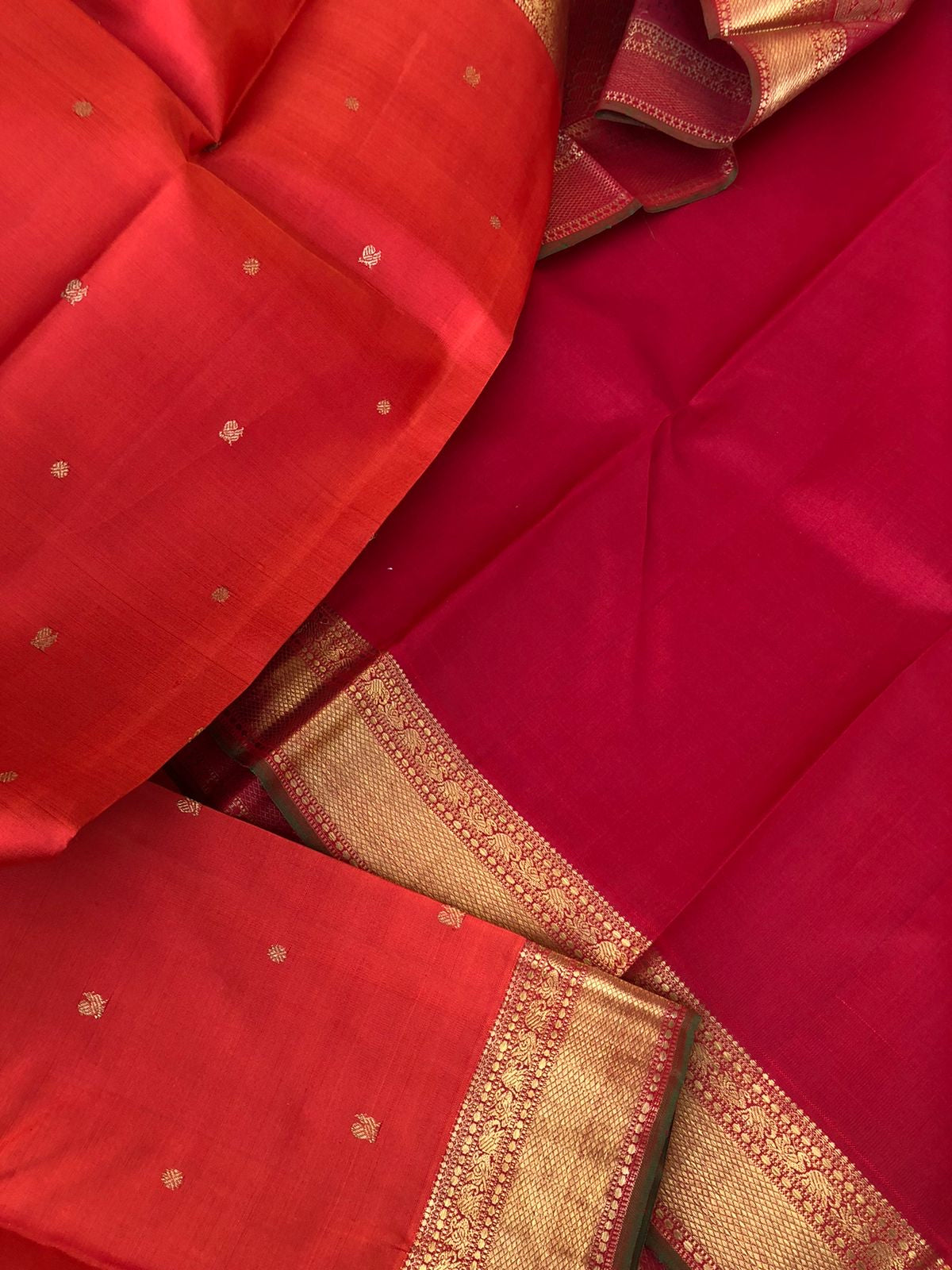 Tara - Traditional Colours on Traditional Kanchivarams - gorgeous burnt orange and red with solid gold zari woven borders and pallu