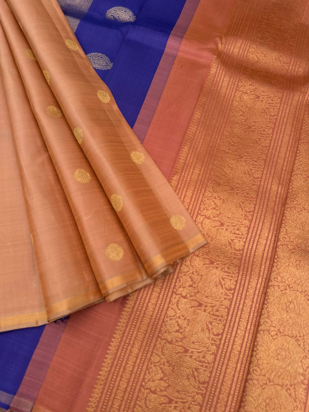 Mohaa - Rarest Borderless Kanchivarams - a pastel pale peach with two weave woven unique pallu