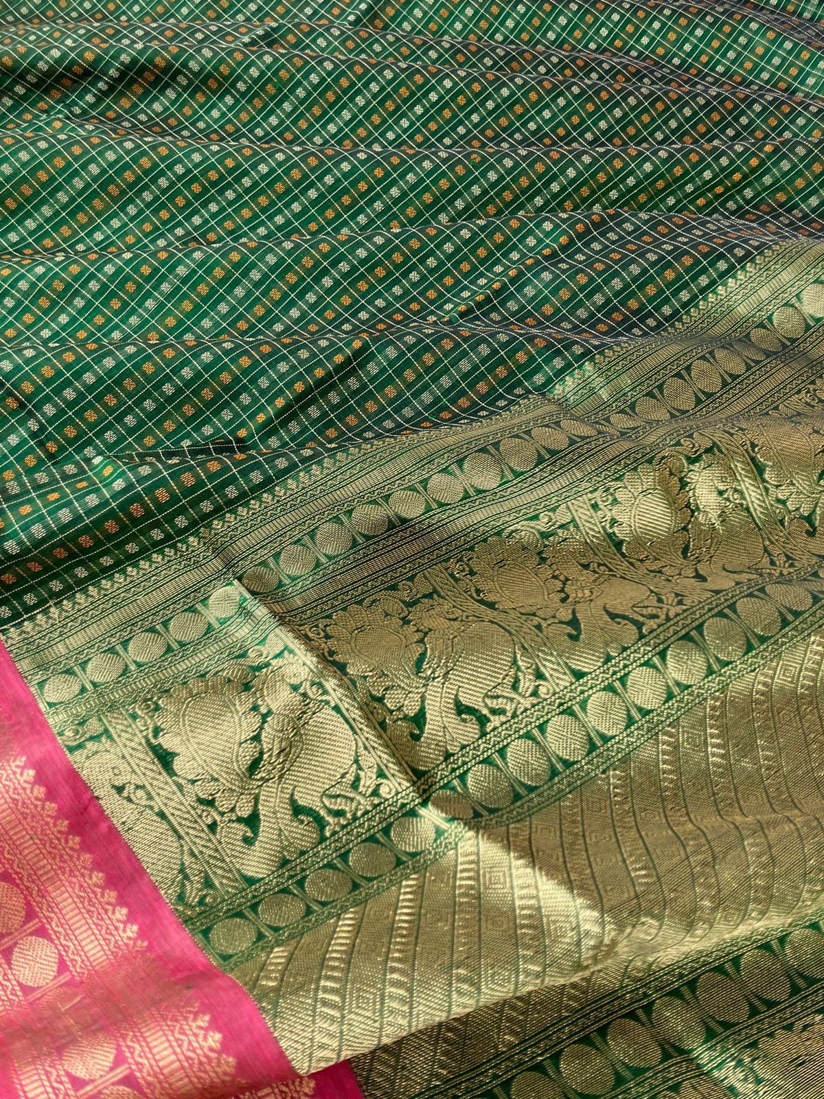 Traditional Colours Woven Motifs Silk Cotton - green Thuthripoo lakshadeepam