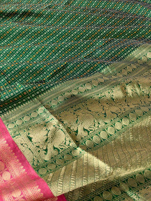 Traditional Colours Woven Motifs Silk Cotton - green Thuthripoo lakshadeepam