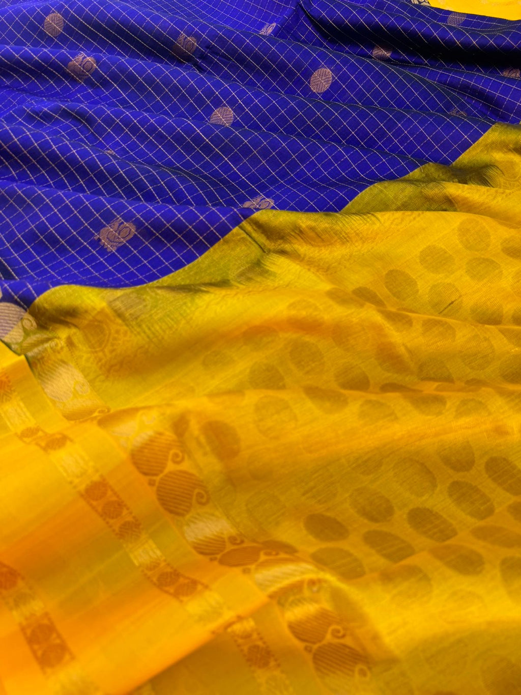 Korvai Silk Cottons - ink blue zari kattam with mustard