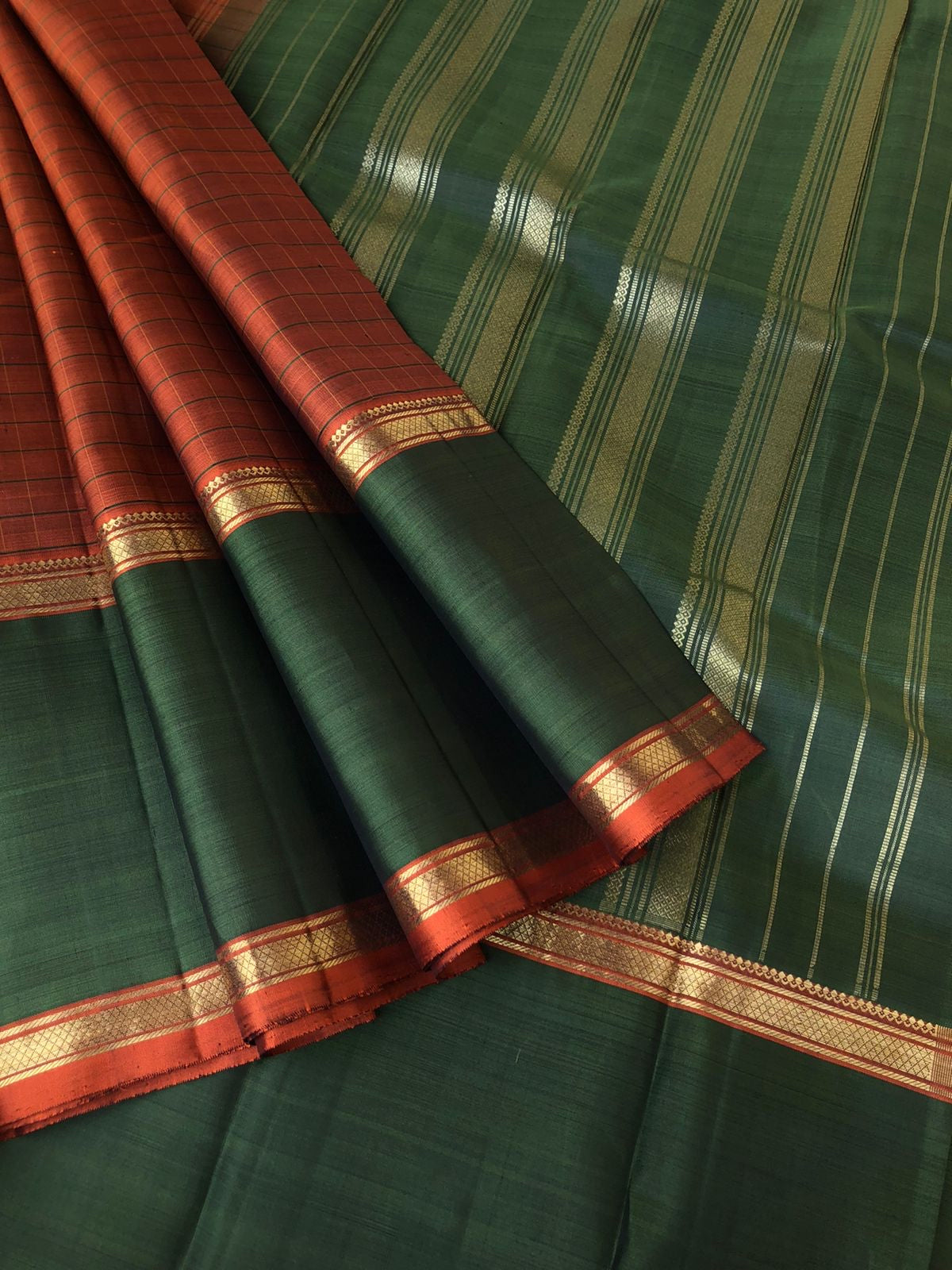 Kamakshi - Festive Kanchivaram - earthy brown and burnt olive green retta pett and broad border Kanchivaram with chex woven body
