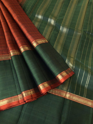 Kamakshi - Festive Kanchivaram - earthy brown and burnt olive green retta pett and broad border Kanchivaram with chex woven body