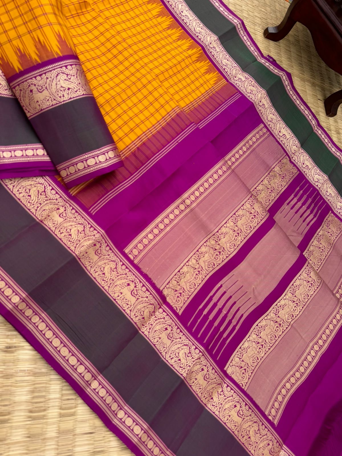 The Best of No Zari Korvai Kanchivaram - the traditional traditional mango yellow and majestic majenta yali woven borders