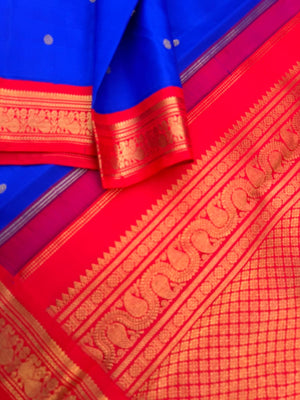 Vintage Ragas on Kanchivaram - most beautiful ms blue and red korvai Kanchivaram with vintage style peacock woven borders