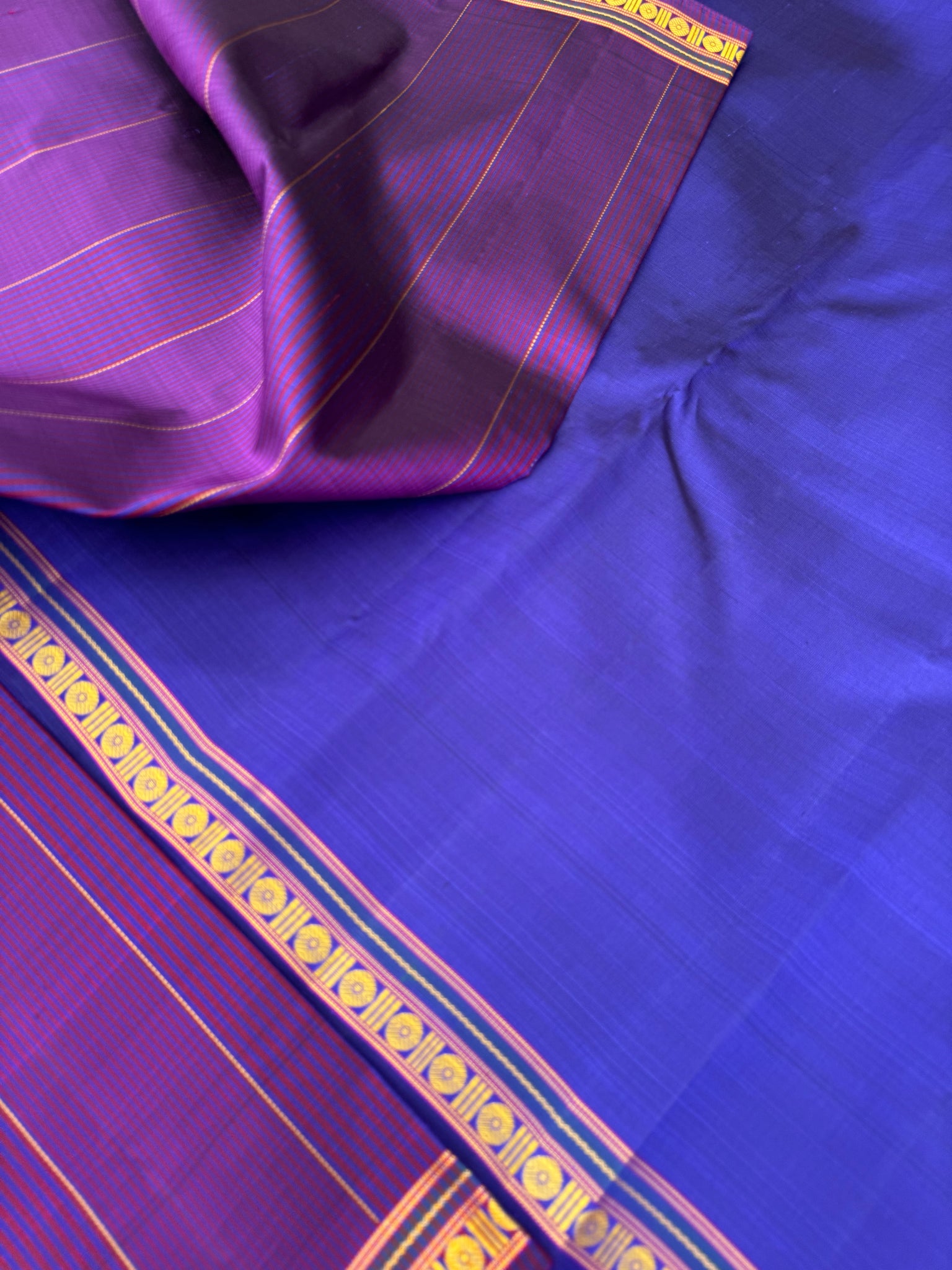 Leela - violet purple no zari small border kanchivaram with ink blue pallu and blouse
