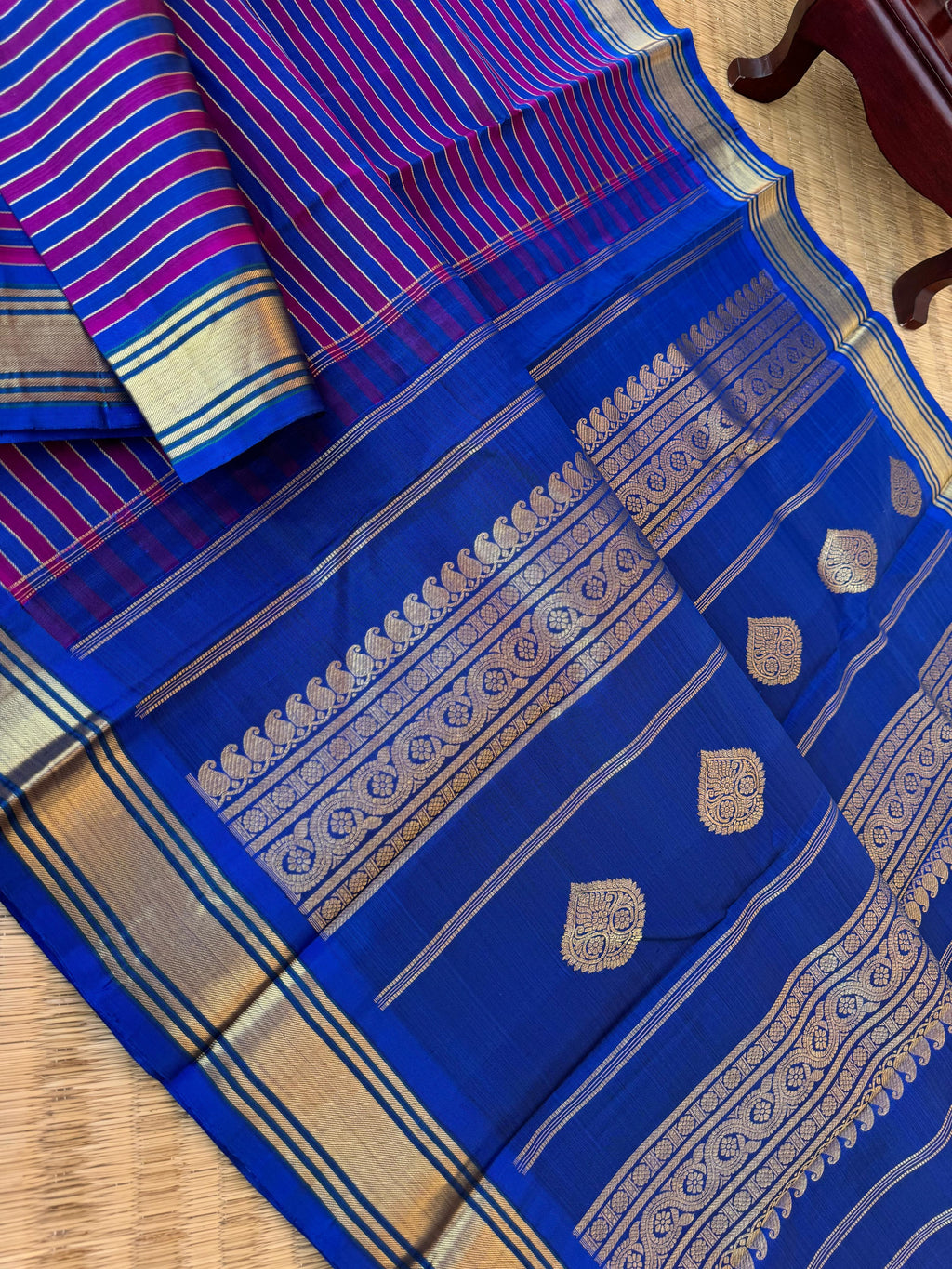 Vari - Stripes woven Kanchivaram | blue and majentha
