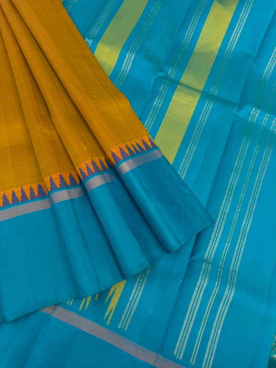 Rarest Korvai Kanchivaram - molten burnt golden honey a unusual tone with teal pallu blouse and borders
