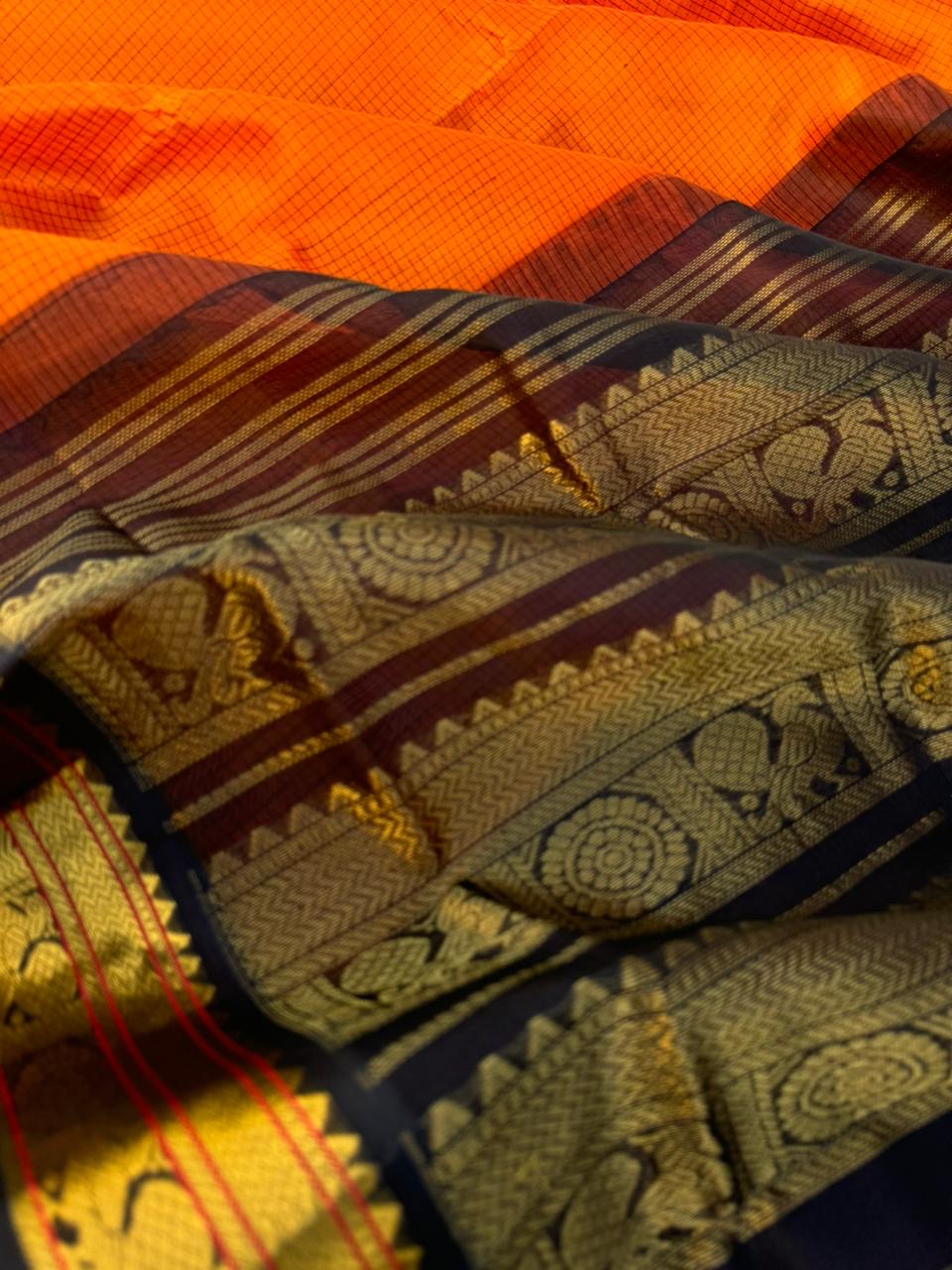 Korvai Silk Cottons - burnt orange and black podi kattam