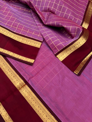 Zari Kissed Silk Cotton - a deep blackcurrant tone muthukattam with retta pett woven borders