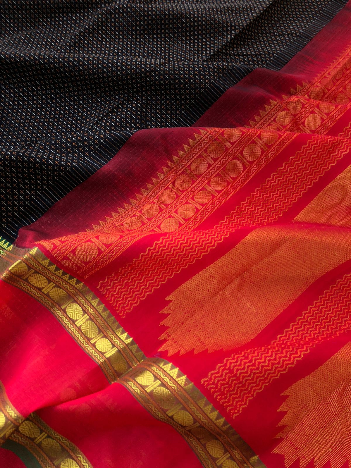 Woven Motifs Silk Cotton - black and deep red all over body pluse buttas