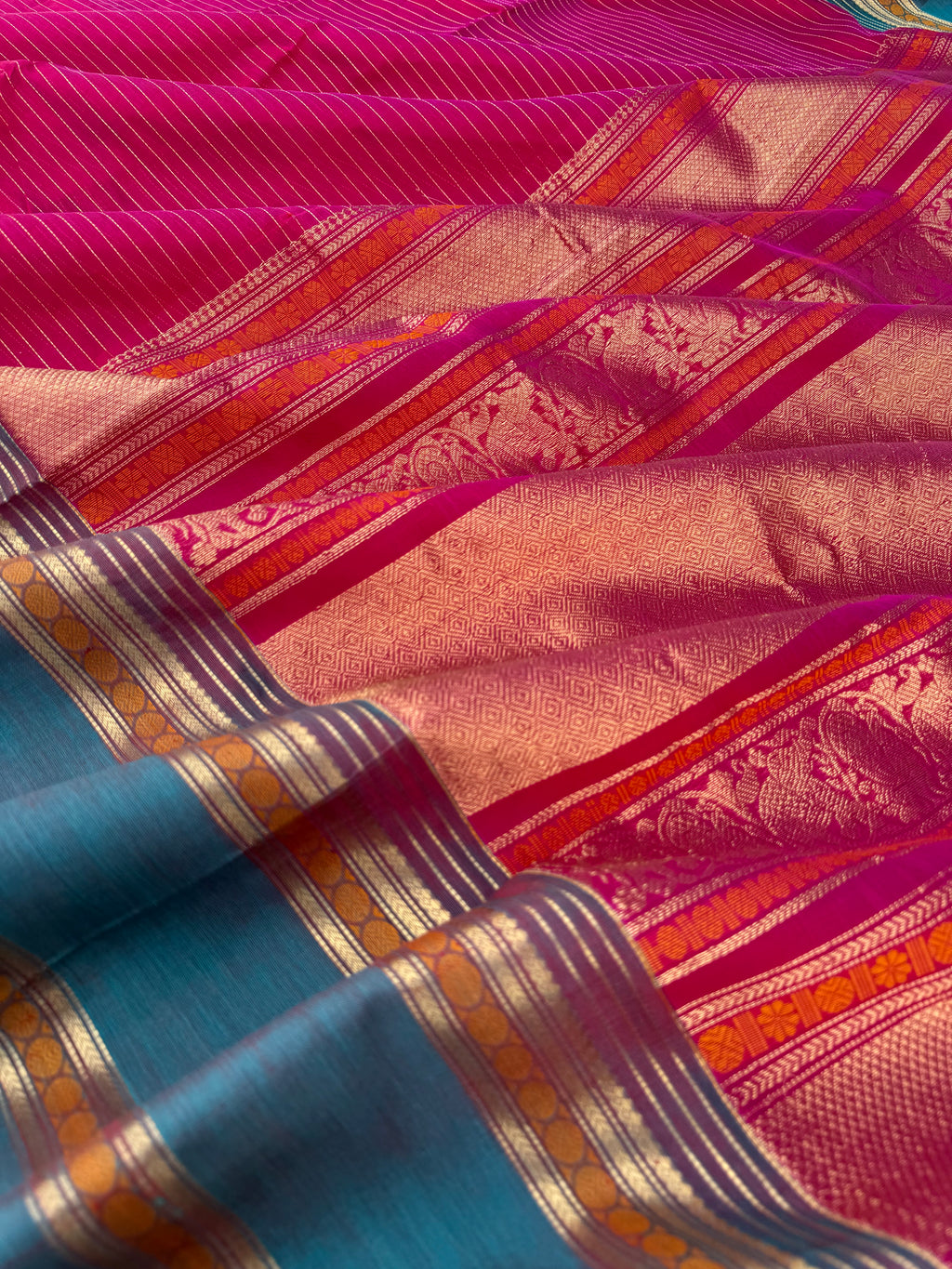Zari Kissed Silk Cotton - deep dark pink and burnt teal oosi strips