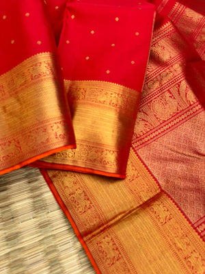 Kamakshi -the gorgeous red and gold with solid gold zari woven borders and pallu