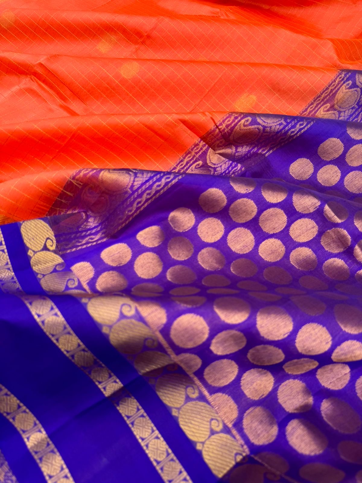 Korvai Silk Cottons -prach orange and ink blue with zari kattam buttas