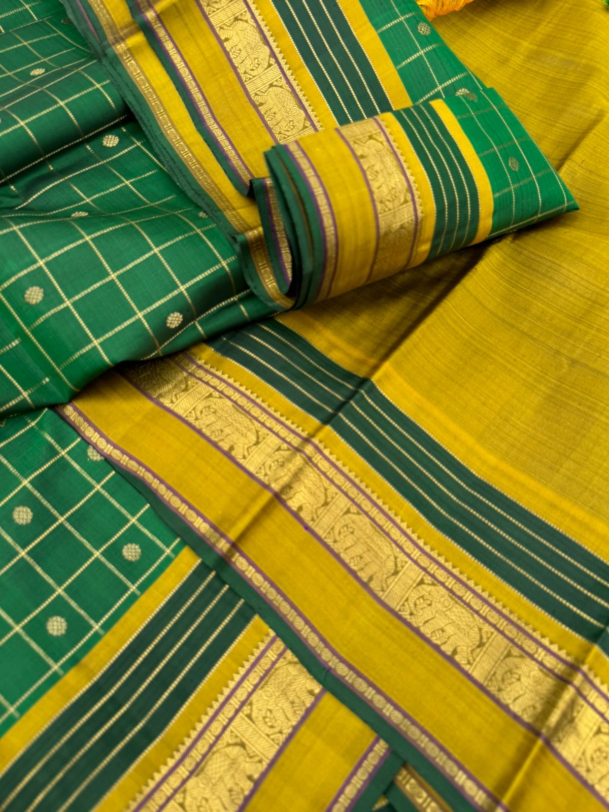 Meenakshi - the beautiful Meenakshi green and golden fenugreek mustard with moppula woven borders and kattam buttas woven body