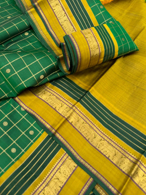 Meenakshi - the beautiful Meenakshi green and golden fenugreek mustard with moppula woven borders and kattam buttas woven body