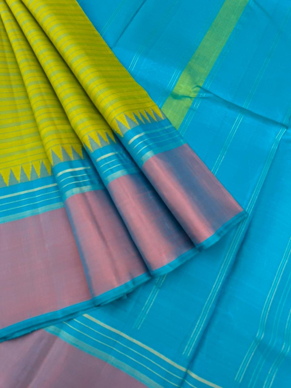 Rarest Korvai Kanchivaram - gorgeous alli pachai ( lily green ) unusual English borders with sulphate blue pallu and blouse