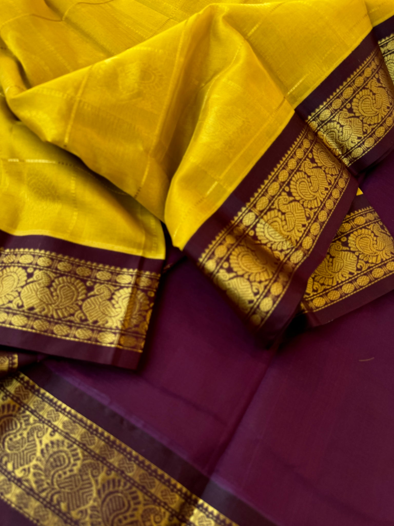 Korvai Silk Cotton - mustard and purple mayil Chackaram