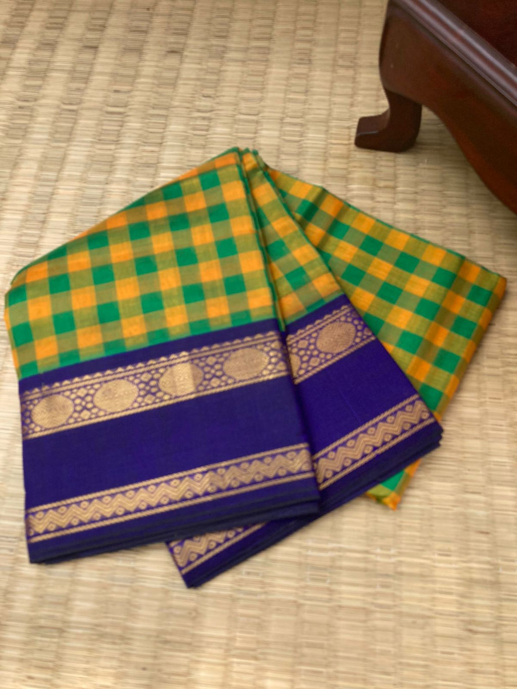 Paalum Palamum Kattams Korvai Silk Cottons - mustard and green chex with ink blue borders