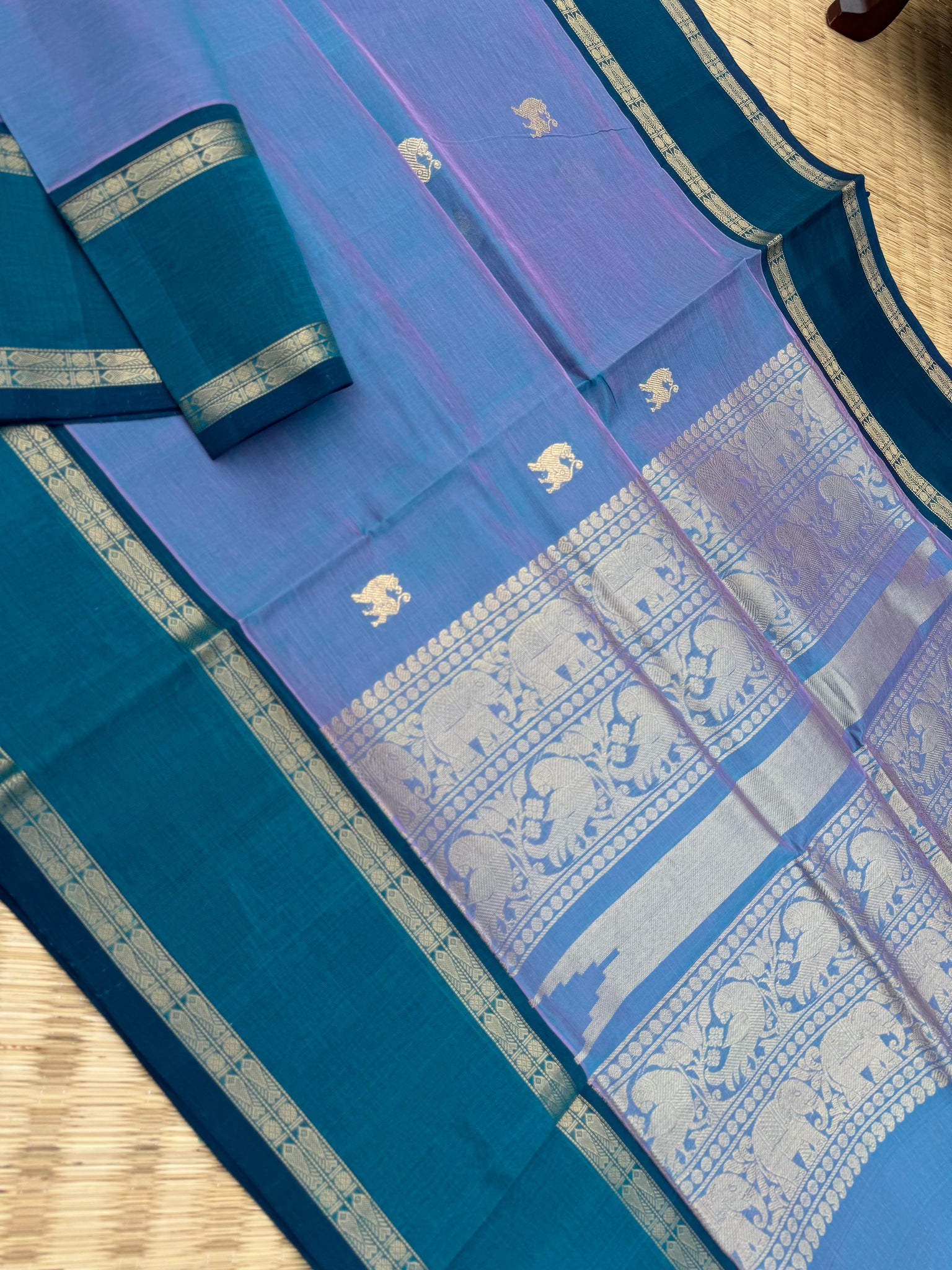 Zari Kissed Silk Cotton - a rose pink mixed powder blue retta pett