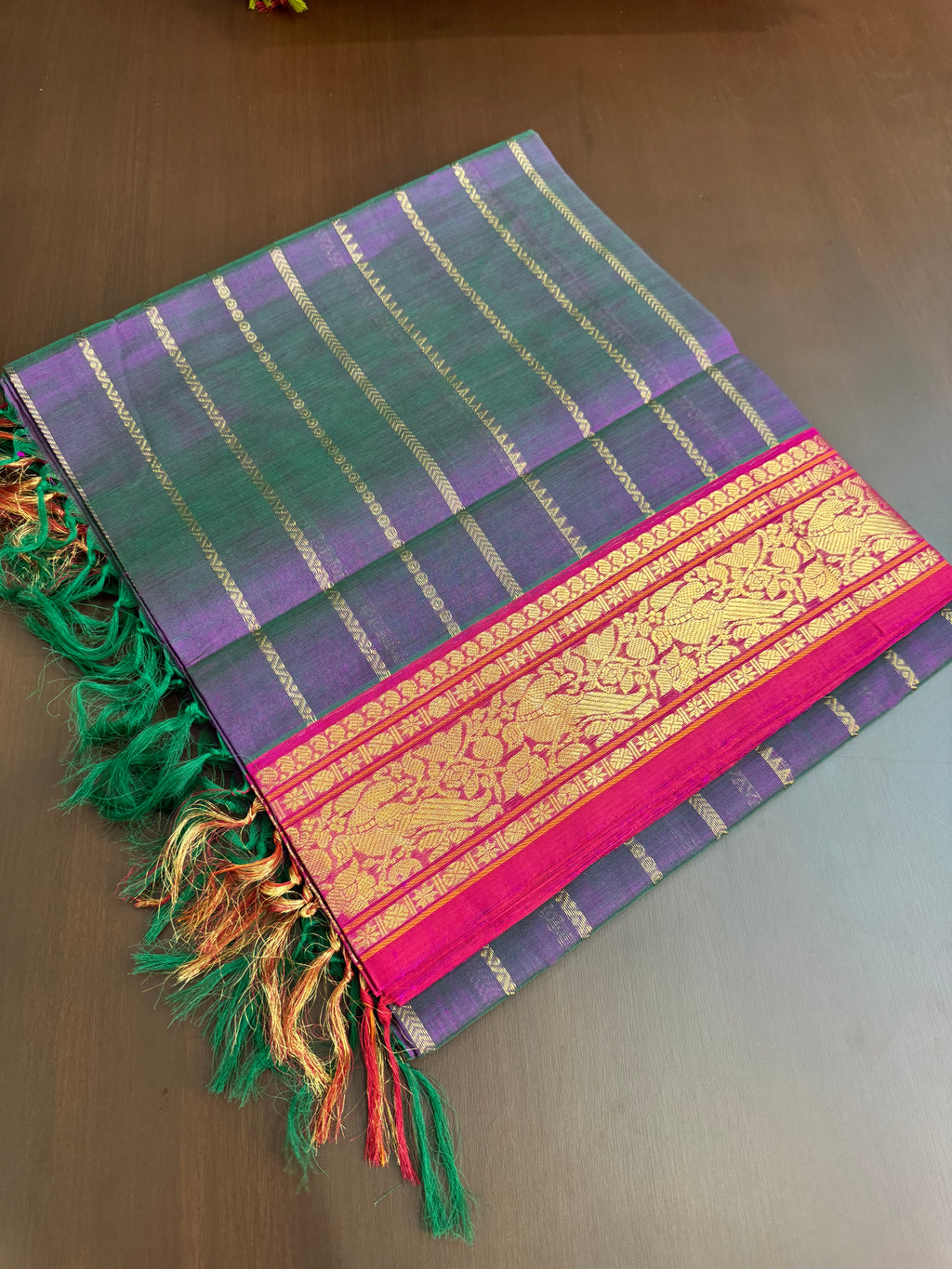 Vertical Veldhari on Zari Kissed Silk Cotton - green mixed violet dual tone