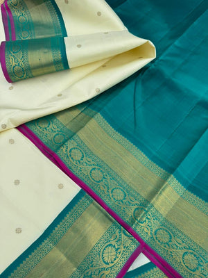 Colours of Navarathri 2025 on Kanchivarams - gorgeous gorgeous white and teal Korvai Kanchivaram is absolutely a treasure for the life time