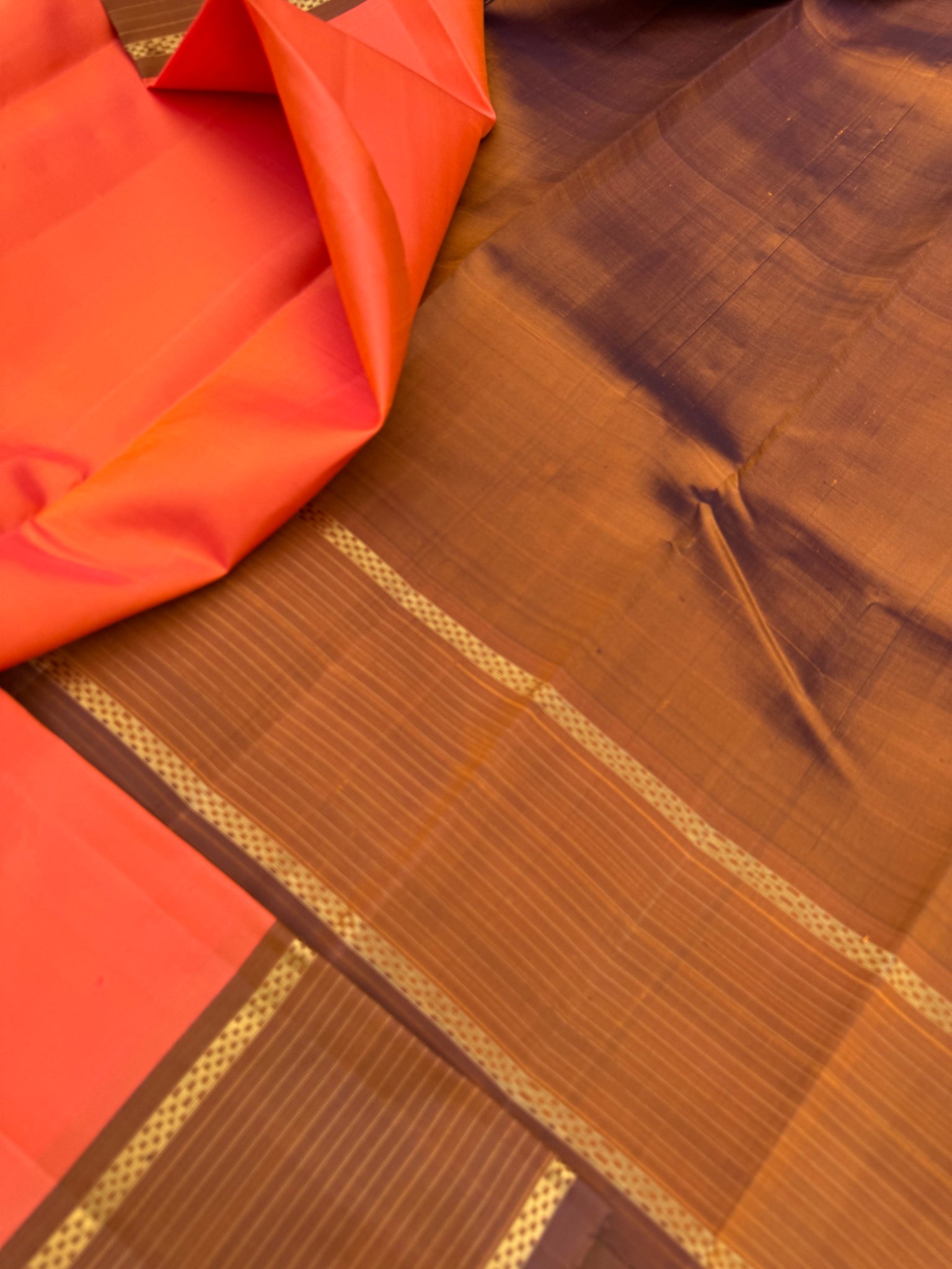 Diwali Edits - Kanchivaram For All Occasions - a unique shade of kanakambaram orange and caramel tone borders pallu and blouse