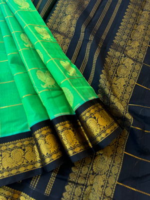 Korvai Silk Cotton - dual tone aqua green and black Mayil chackaram