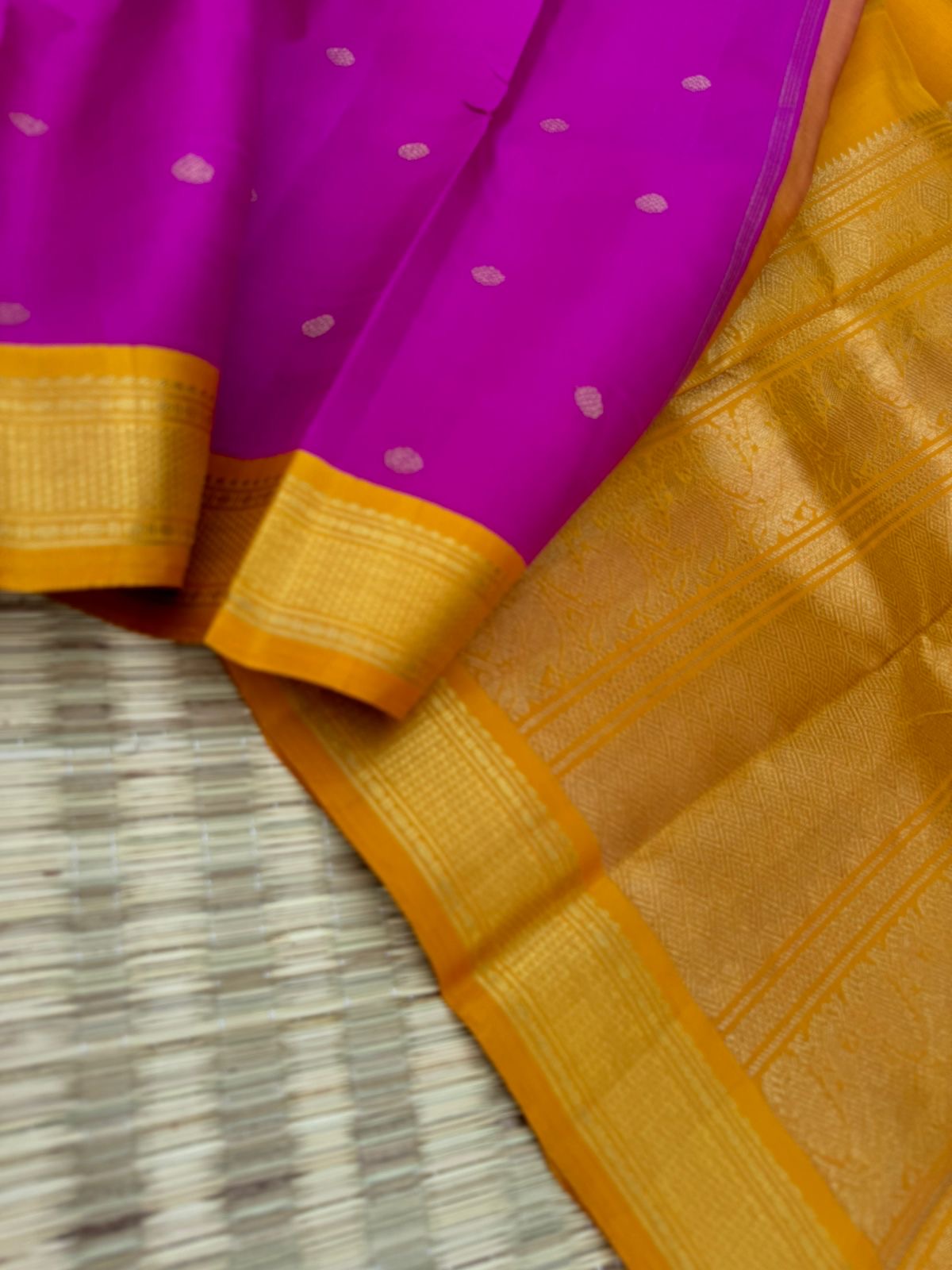 The Korvai Vibes - Authentic Korvai Kanchivaram - deep dark traditional kanchivaram pink and golden mustard