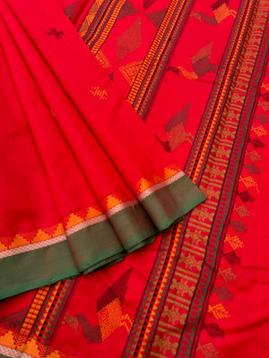 Woven Motifs Silk Cotton - chilly red bomkai