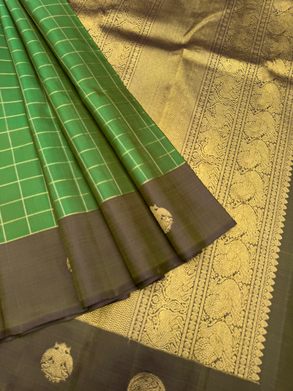 Diwali Edits - Kanchivaram For All Occasions - Amazing green and deep grey a very unusual combination of kattam woven body with border woven buttas