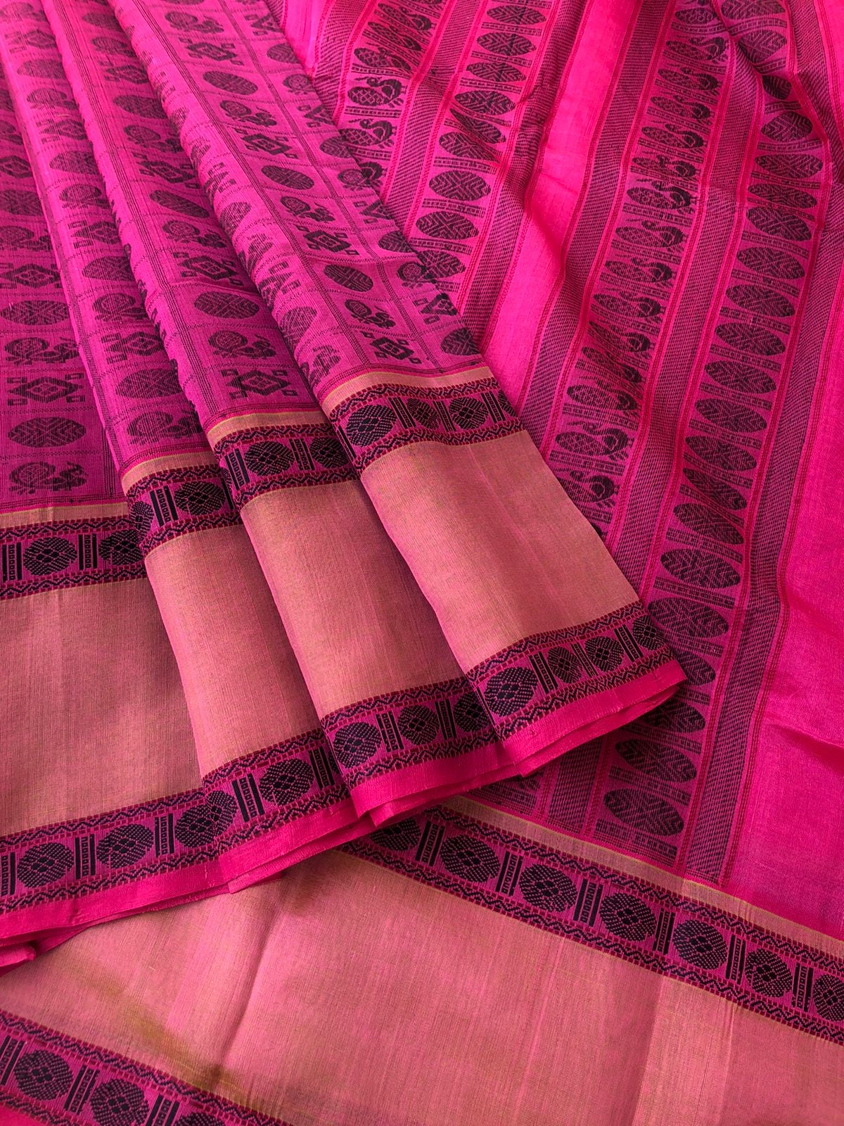 Woven Motifs Silk Cotton - burnt pink and black 1000 buttas