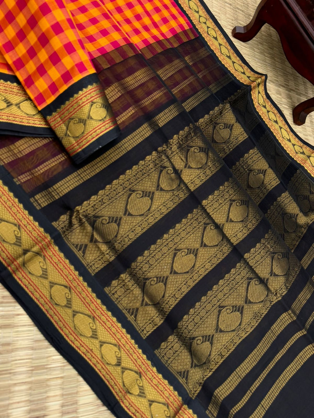 Korvai Silk Cottons - mustard orange and pink kattam woven body with black borders