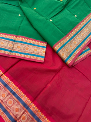 Mangalavastaram - green and red with meenakari woven borders and pallu