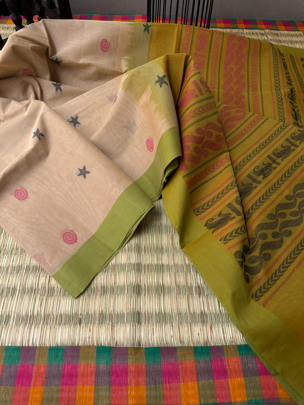 Pragatham - Contrast Play - beige cream and olive green