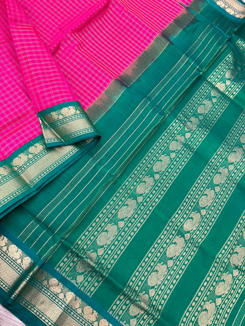 Korvai Silk Cottons -pink and green zari kattam