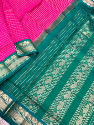 Korvai Silk Cottons -pink and green zari kattam
