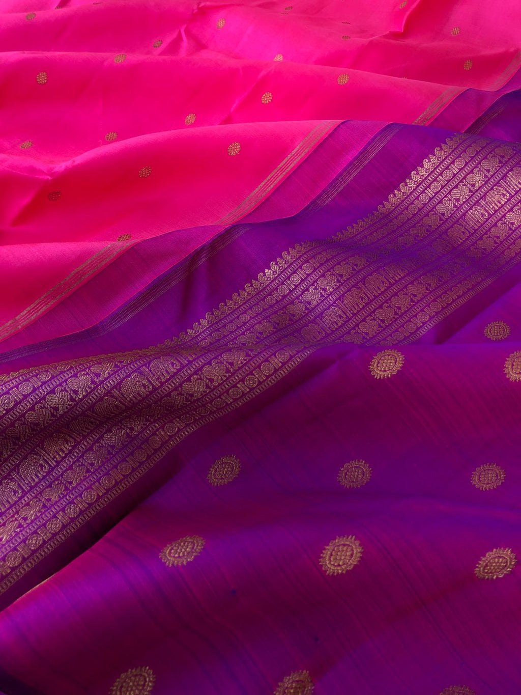 Mohaa - Beautiful Borderless Kanchivarams - candy pink and violet with beautiful tiny buttas woven body