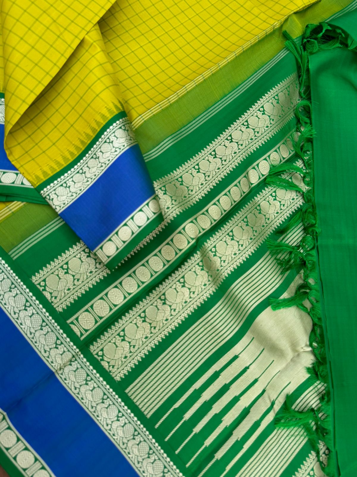 The Best of No Zari Korvai Kanchivaram - most beautiful sampanga green and blue with kattam and retta pett woven borders