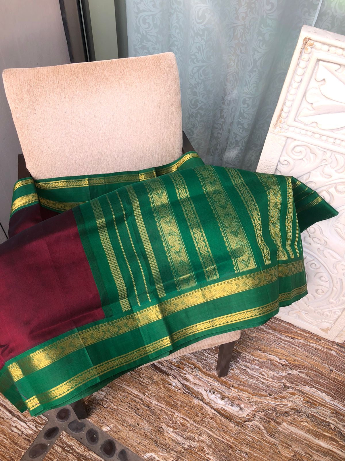 Bliss of Korvai Silk Cottons - deepest maroon and Meenakshi green