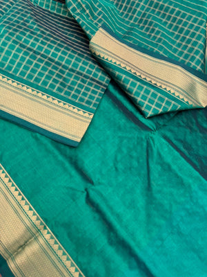 Zari Kissed Silk Cotton -dark leaf green chex silk cotton