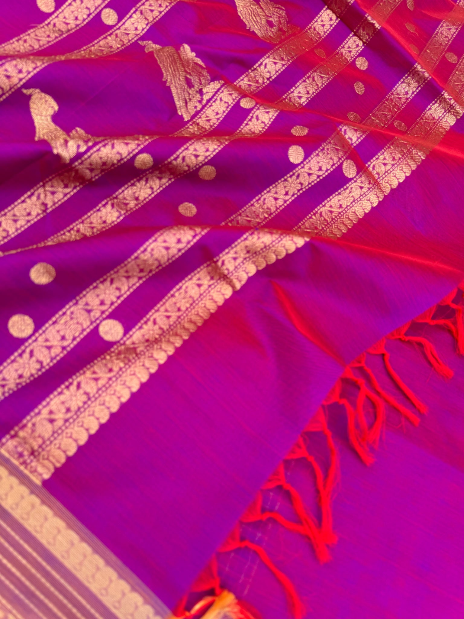 Zari Kissed Silk Cotton - gorgeous purple dual tone lakshadeepam with long parrots woven pallu