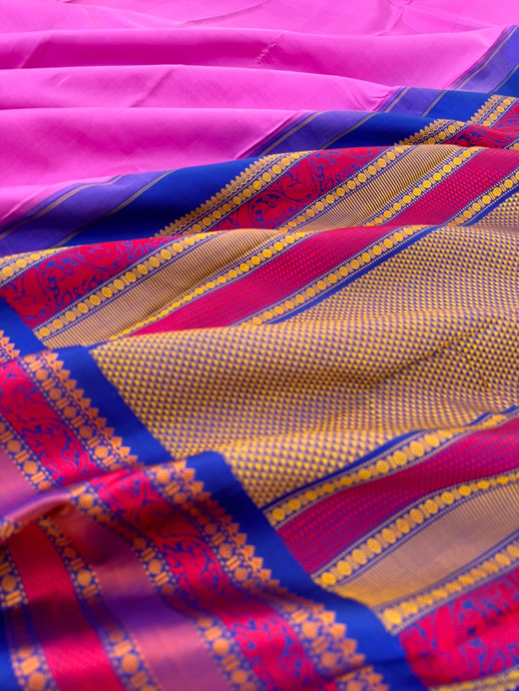 Sahasra - Most Difficult to Make No Zari Kanchivarams - a perfect rose pink and violet blue with yali woven borders