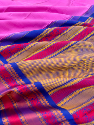 Sahasra - Most Difficult to Make No Zari Kanchivarams - a perfect rose pink and violet blue with yali woven borders