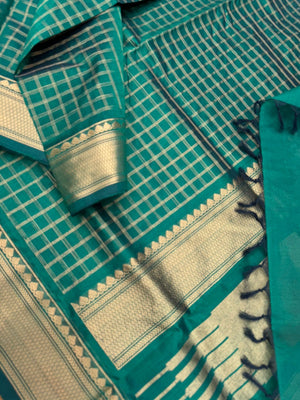 Zari Kissed Silk Cotton -dark leaf green chex silk cotton