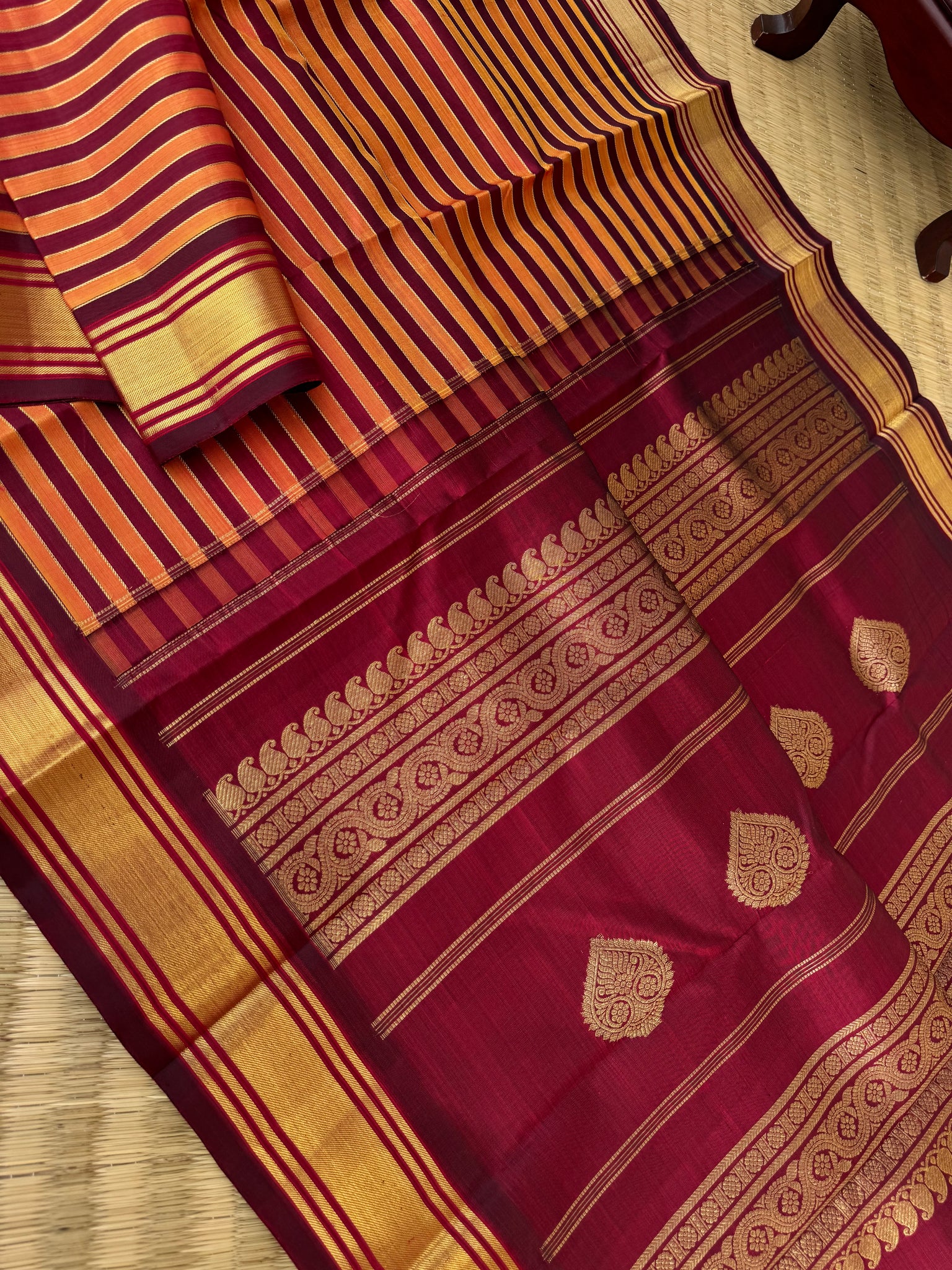 Vintage Ragas on Korvai Kanchivaram - burnt orange and aaraku strips woven body with vintage pallu